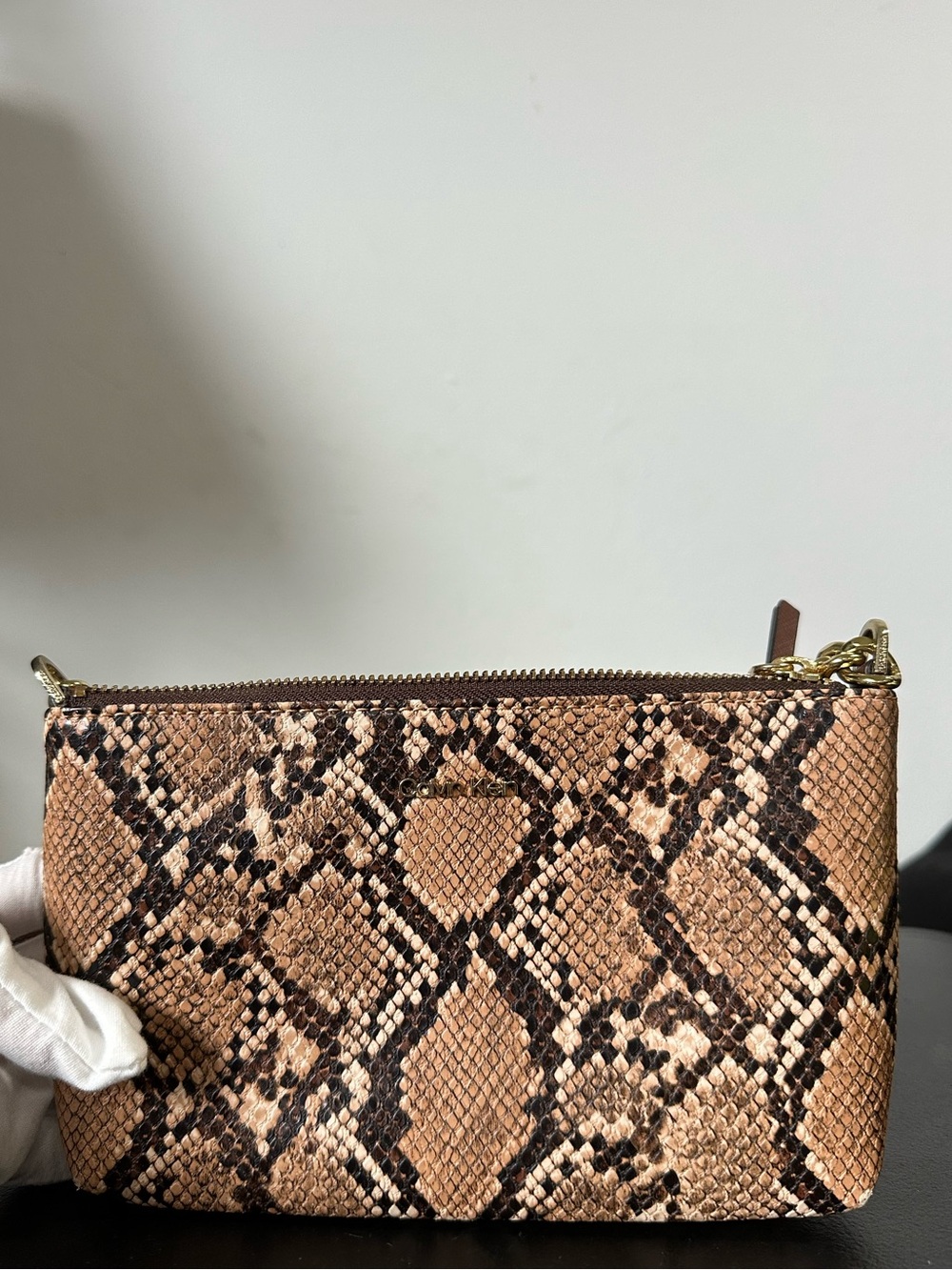 Calvin Klein Python Zip Crossbody Bag — Walnut Snake